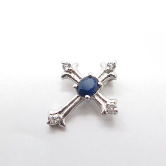 CHUCK CLEMENCY 925 Sterling Silver Real White Topaz & Sapphire Gem Cross… - Picture 5 of 8